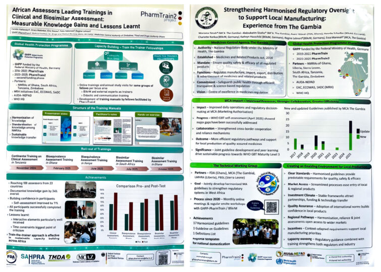 A picture of two poster presentations. One is titled: "African Assessors Leading Trainings in Clinical and Biosimilar Assessment". The other is titled: Strengthening Harmonised Regulatory Oversight to Support Local Manufacturing".
